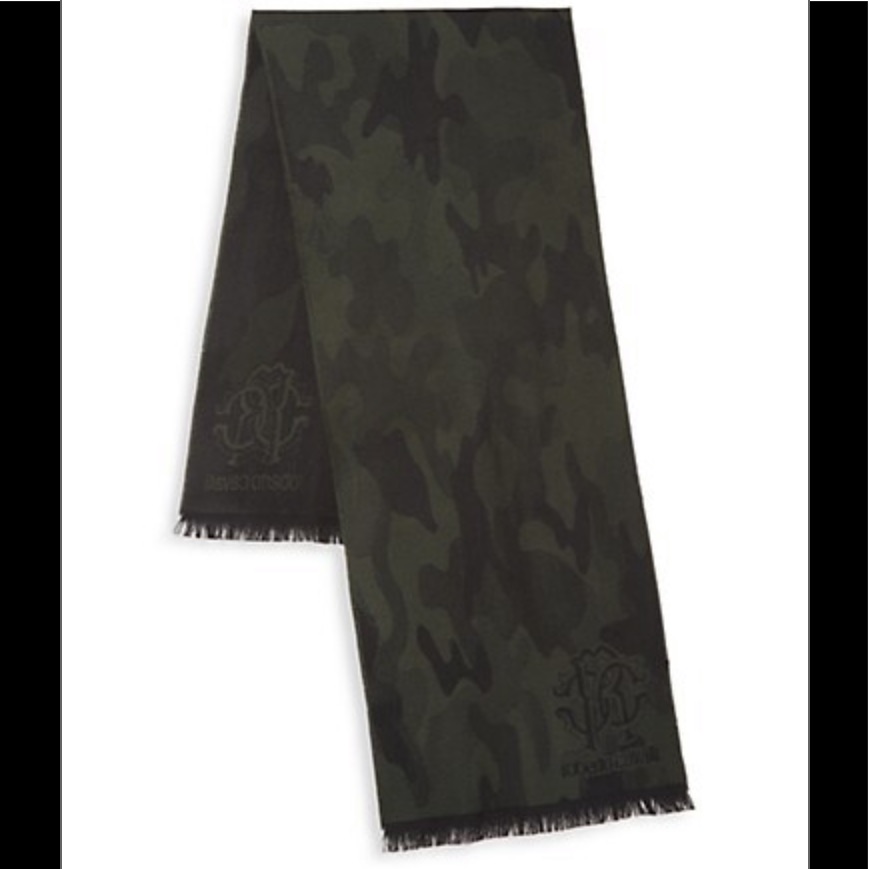 New Roberto Cavalli Dark Olive Wool Blend Scarf
